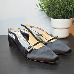 Badgley Mischka Black Satin Slingback Pumps with Crystal Buckle